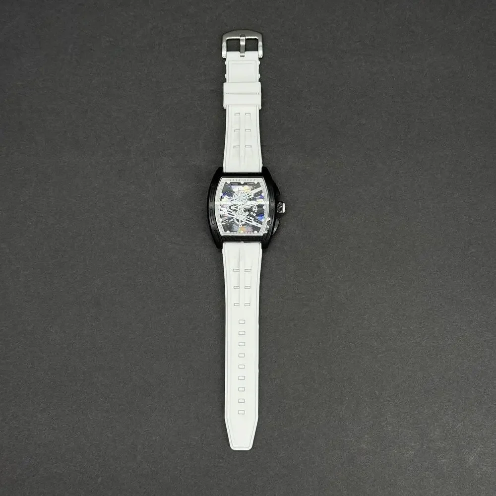 Mens White Tonneau Quartz Mille Fashion Watch Skeleton Dial Mille Style Barrel